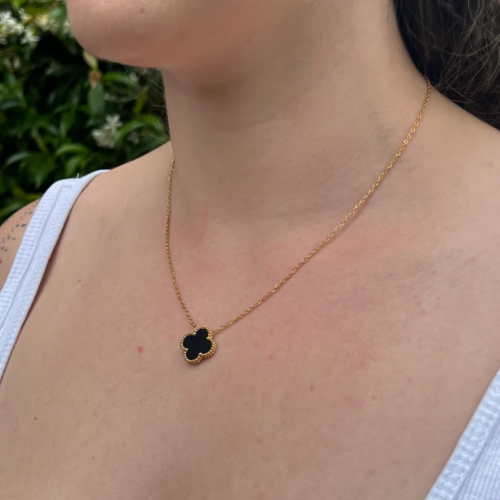 Black Four Leaf Clover Stud Earrings, 18K Gold Plated - Image 2