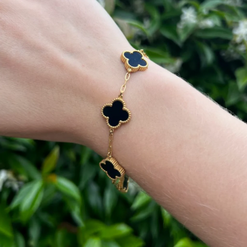 Black Four Leaf Clover Double-Sided Bracelet, 18K Gold Plated - Image 2