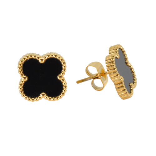 Black Four Leaf Clover Stud Earrings, 18K Gold Plated - Image 4