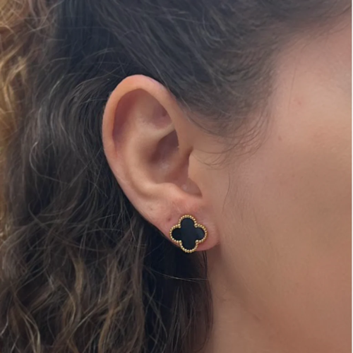 Black Four Leaf Clover Stud Earrings, 18K Gold Plated - Image 5