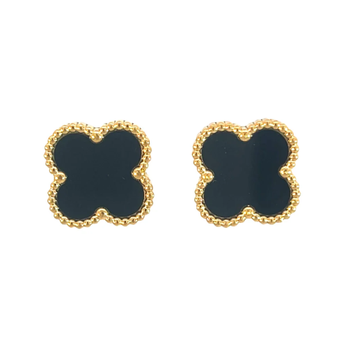 Black Four Leaf Clover Stud Earrings, 18K Gold Plated - Image 3