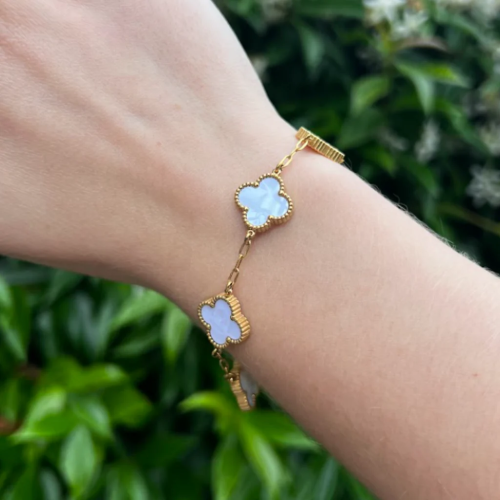 White Four Leaf Clover Double-Sided Bracelet, 18K Gold Plated - Image 2