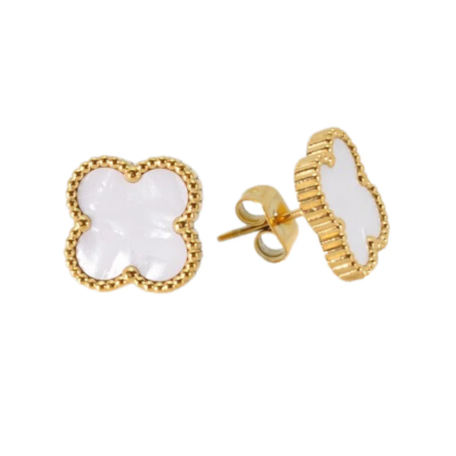 White Four Leaf Clover Stud Earrings, 18K Gold Plated - Image 3