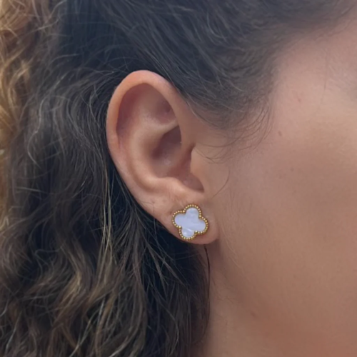 White Four Leaf Clover Stud Earrings, 18K Gold Plated - Image 4