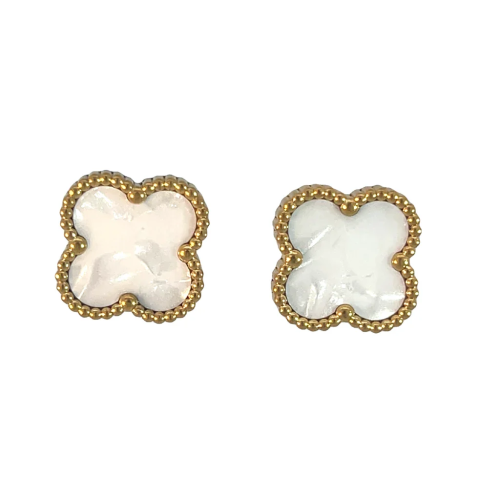 White Four Leaf Clover Stud Earrings, 18K Gold Plated - Image 2